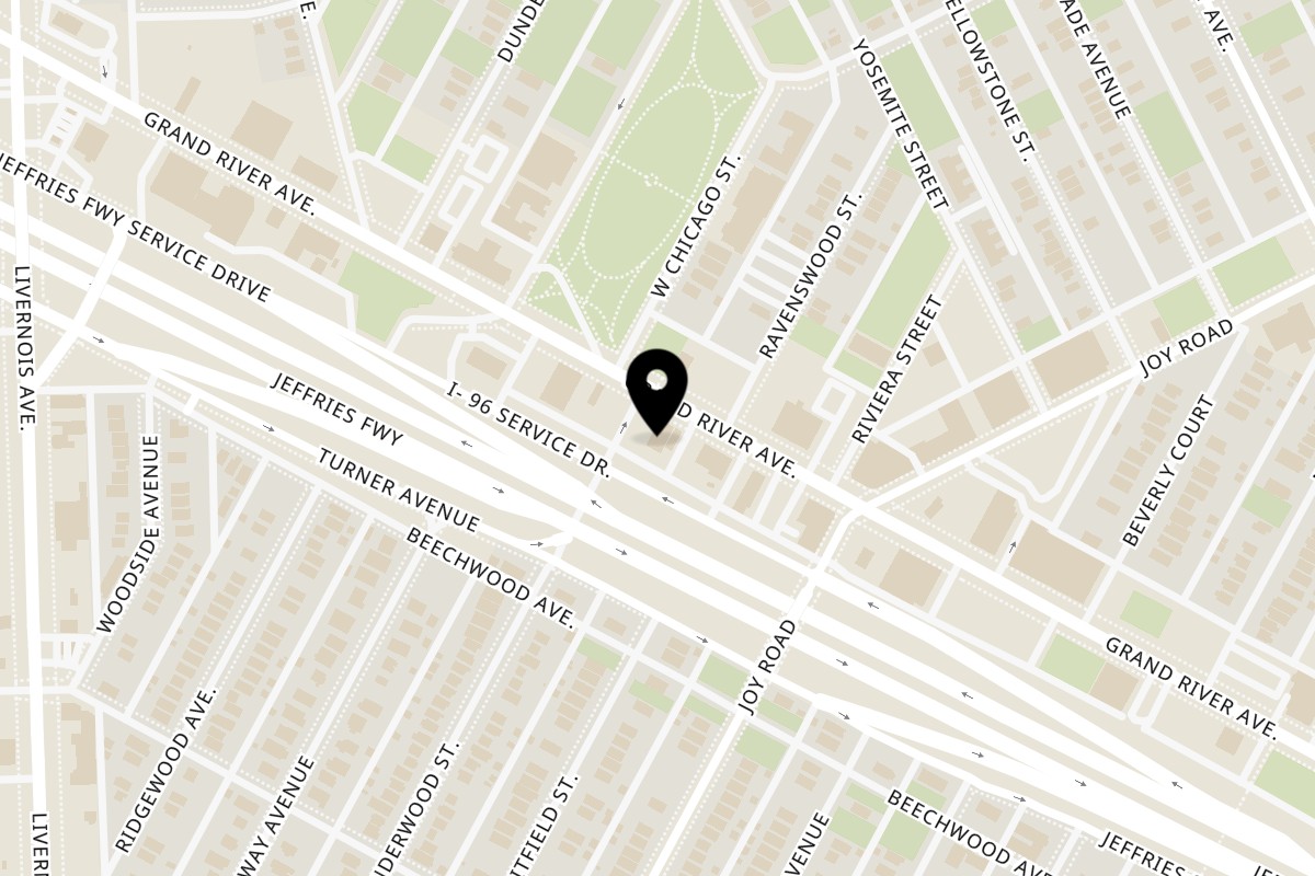 Map showing the location of Hungry Chameleon Express Grand River on 9339 W Grand River Ave in Detroit